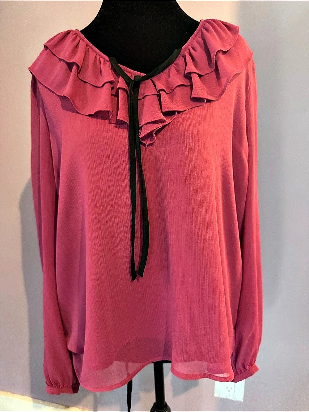 Loft Medium Pink Ruffle Neck Blouse, Black Bow
